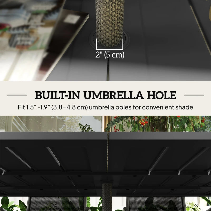 59" Outdoor Patio Table with Umbrella Hole, Outdoor Dining Table with Slatted Tabletop for Backyard Garden, Black