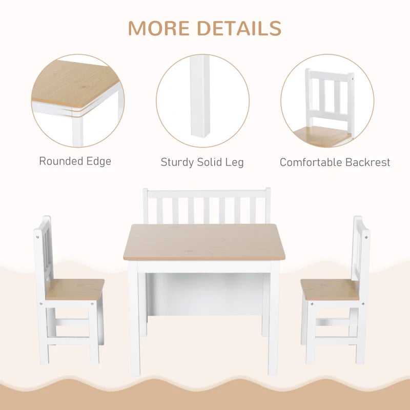Qaba 4-Piece Set Kids Wood Table Chair Bench with Storage Function Easy to Clean Gift for Girls Boys Toddlers Age 3 Years up Natural and White