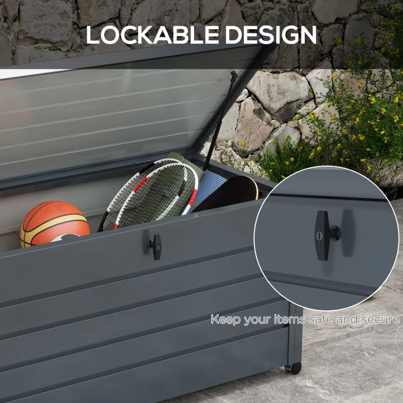 82 Gallon Garden Storage Box, Waterproof Outdoor Storage Container with Wheels and Handles, Dark Grey