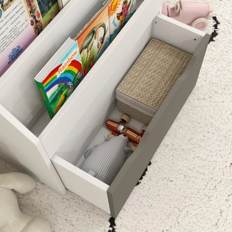 Qaba Kids Bookshelf with 3 Tier Display Shelves, Drawer for Nursery, Grey