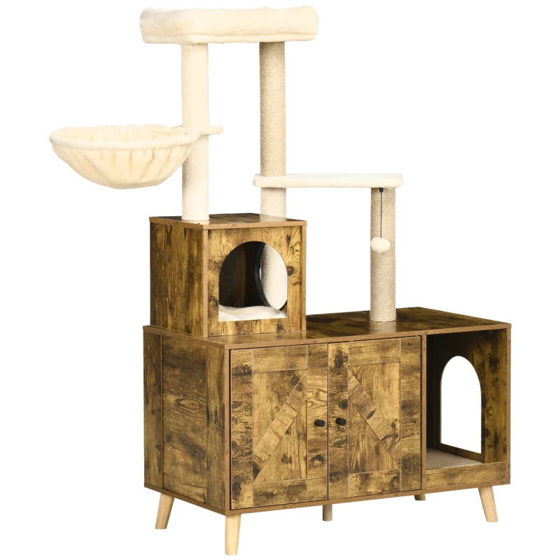Litter Box Enclosure with Cat Tree Tower, Hidden Cat Washroom Furniture with Condo, Scratching Posts, Large Platform, Hammock and Soft Cushion, Rustic Brown