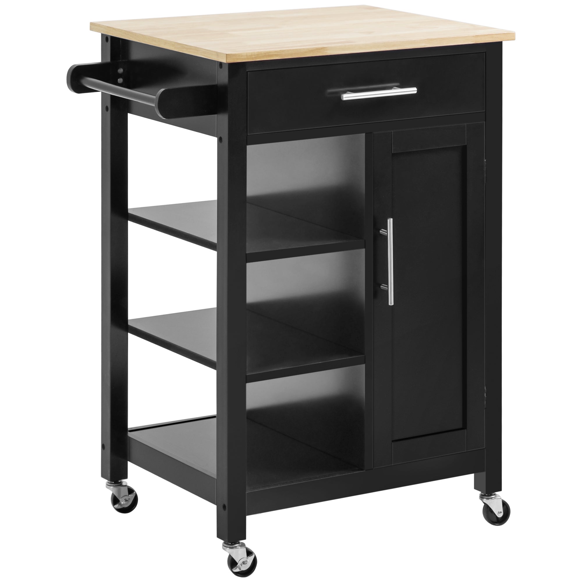 HOMCOM Black Rolling Kitchen Cart: Mobile Island with Storage Drawer & Open Shelf for Dining Room Versatility 