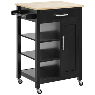 HOMCOM Black Rolling Kitchen Cart: Mobile Island with Storage Drawer & Open Shelf for Dining Room Versatility 