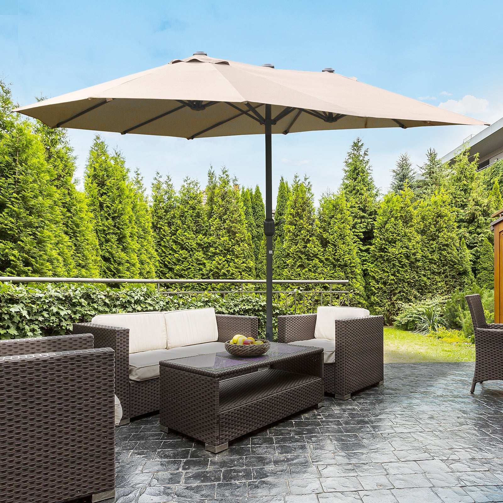 Outsunny 15' Outdoor Patio Umbrella with Twin Canopy Sunshade & Steel Table Umbrella with Lift Crank, Cross base, Sandbag, Khaki 