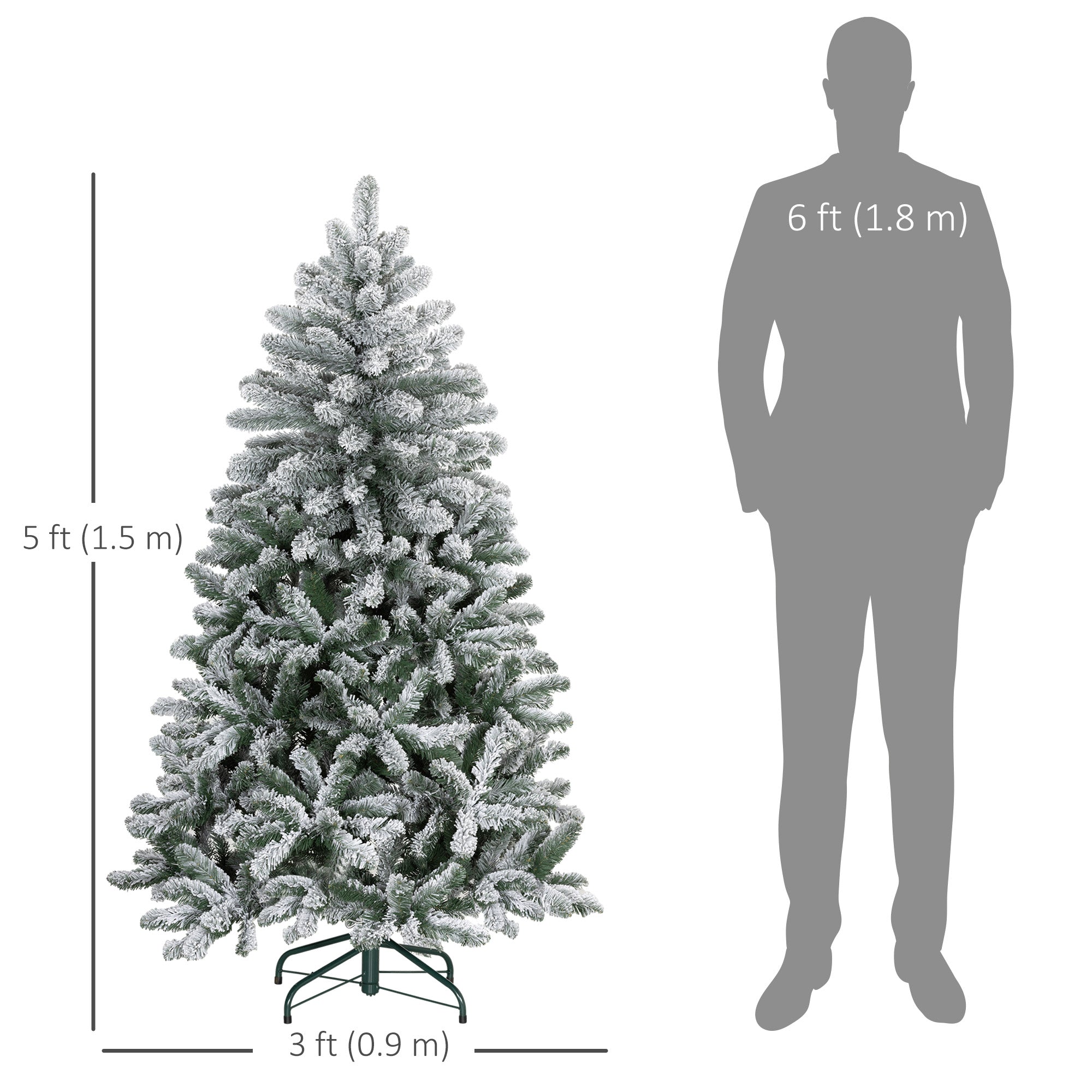 HOMCOM 5 Foot Artificial Flocked Christmas Tree with Snow, Metal Stand, Hinged Xmas Tree for Home Office Holiday 