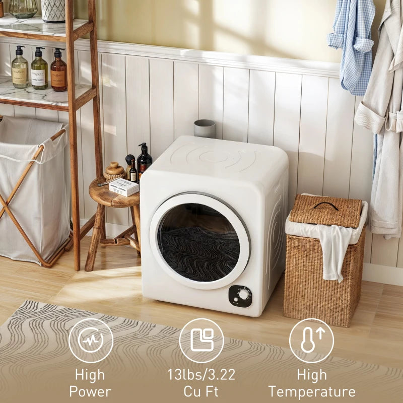 Compact Laundry Dryer, 1300W Portable Clothes Dryer with 4 Drying Modes, Stainless Steel Tub, White