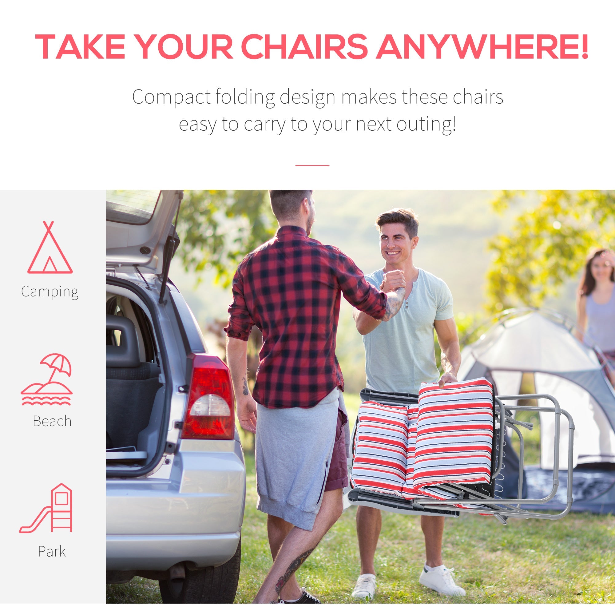 Outsunny Set of 2 Garden Sun Lounger, Outdoor Reclining Seat Cushioned Seat, Foldable Adjustable Recliner, Grey and Red 