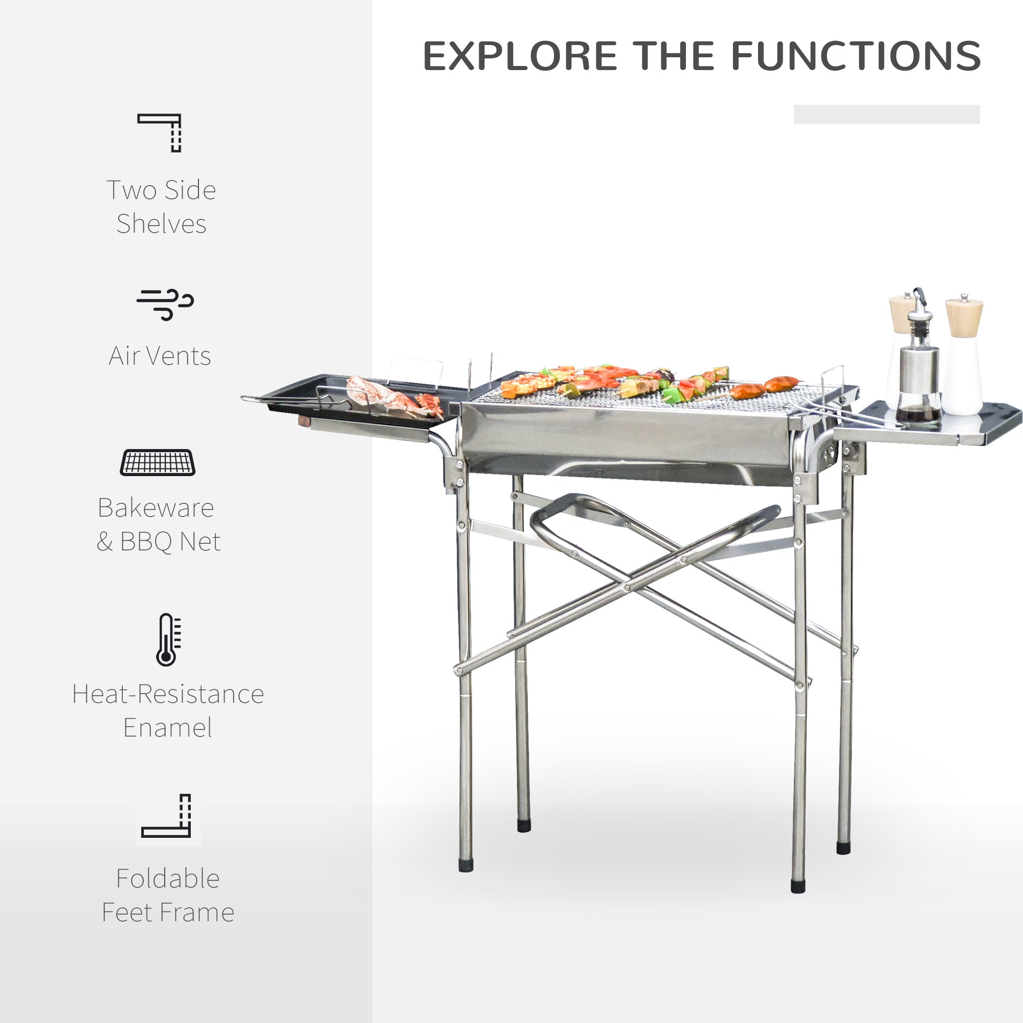 Outsunny Portable BBQ Grill Outdoor Charcoal Kebab Barbecue Stainless Steel Smoker for Camping Cooking Silver 
