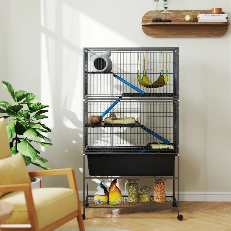 59" 5-Level Small Animal Cage, Rolling Ferret Cage with 6.3" Deep Tray, Non-Slip Cloth Covered Ramps, Hammock, Dark Grey