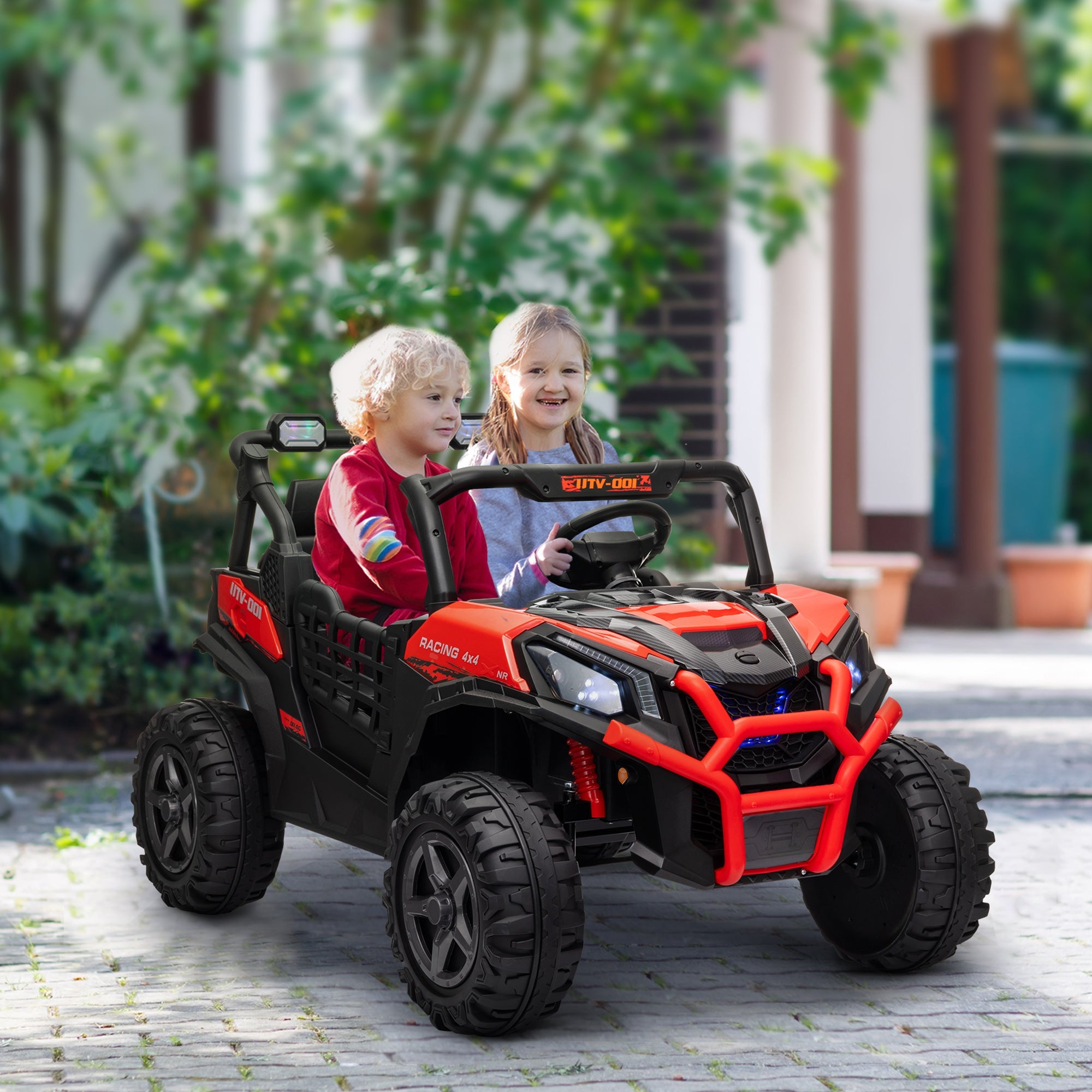 Qaba 2 Seater 24V Electric Car for Kids w/ Remote Control, 3 Speed, LED Lights, Music, Horn, Spring Suspension, Red 
