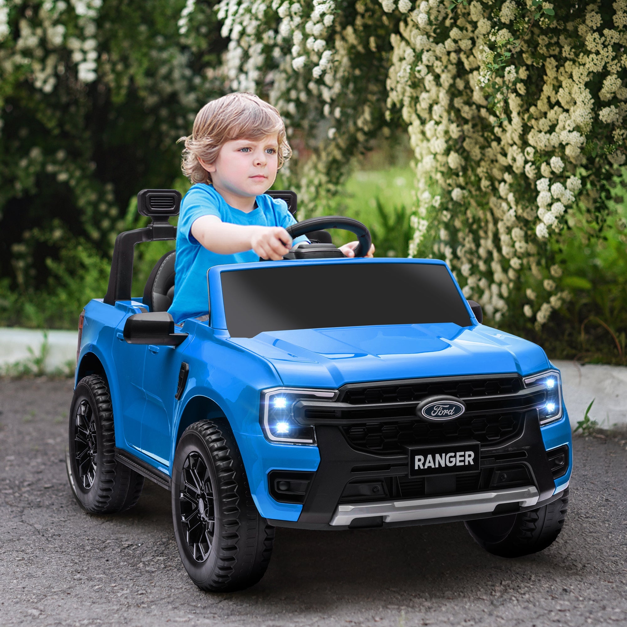 Qaba Ford Ranger Licensed 12V Ride on Car Battery Powered Kids Truck w/ Rear Storage Remote, Spring Suspension, Blue 