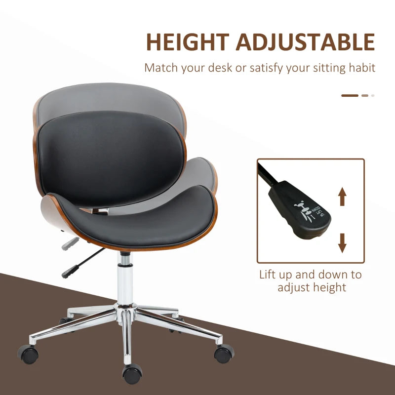 Office Chair, Faux Leather and Bentwood Computer Desk Chair with 360 Degree Swivel Wheels, Adjustable Height and Curved Seat, Black