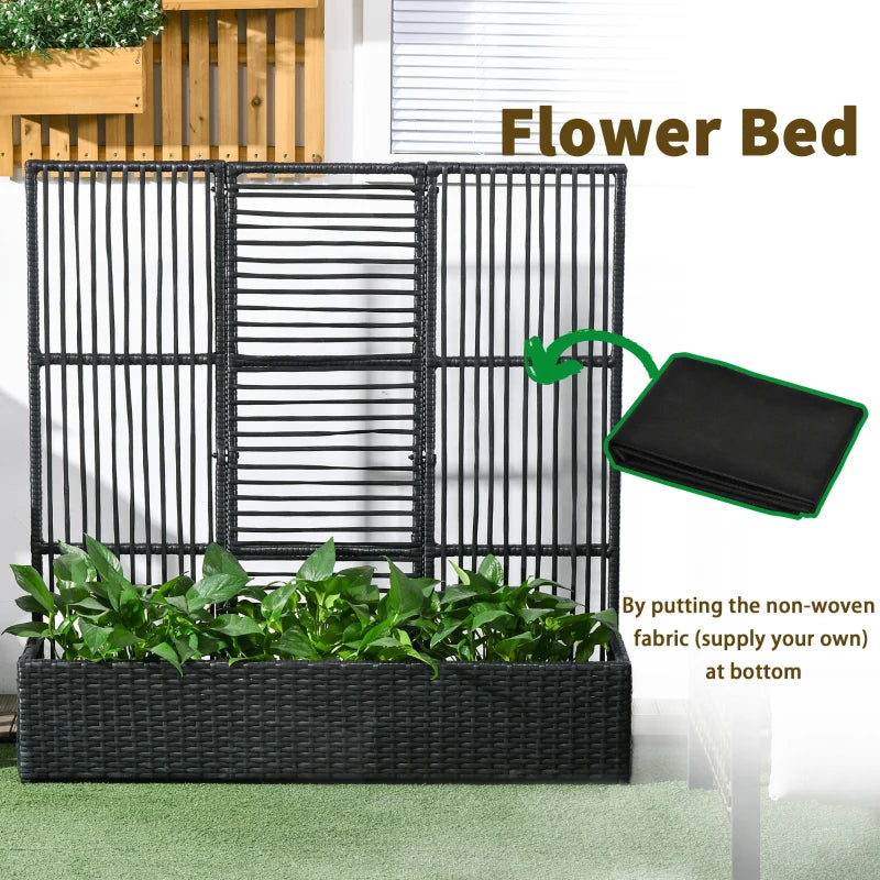 Raised Garden Bed with Lattice Trellis, Rattan Outdoor Planter with Storage for Garden, Patio, Balcony, Black