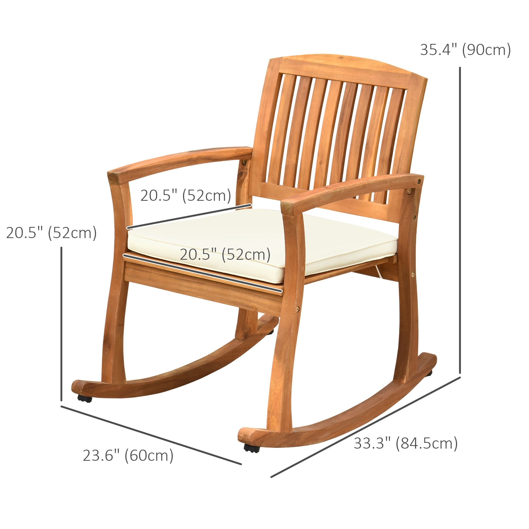 Outsunny Patio Rocking Chair, Indoor Outdoor Wooden Porch Rocker with Cushion for Deck, Balcony, Garden, Patio, Teak 
