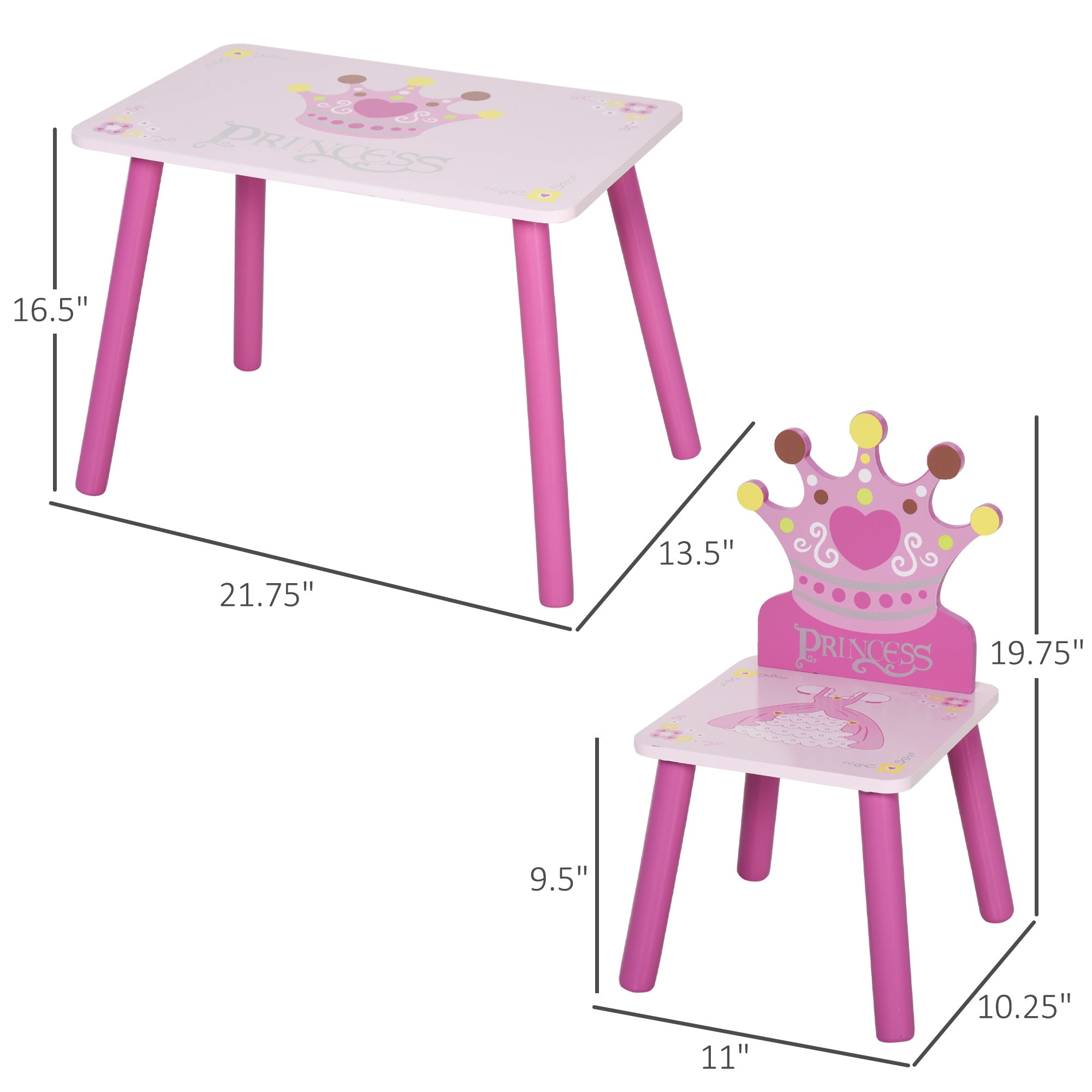 Qaba Petite Princess: 3-Piece Wooden Table and Chair Set with Crown Pattern, Pink Finish for Girls 