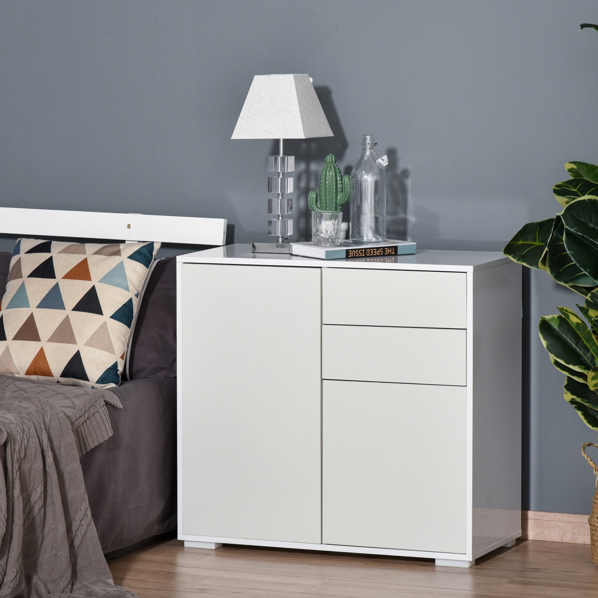 HOMCOM Buffet Sideboard High Gloss Kitchen Storage Cabinet Cupboard with Drawer Shelf Push Open Design White for Dining Room 