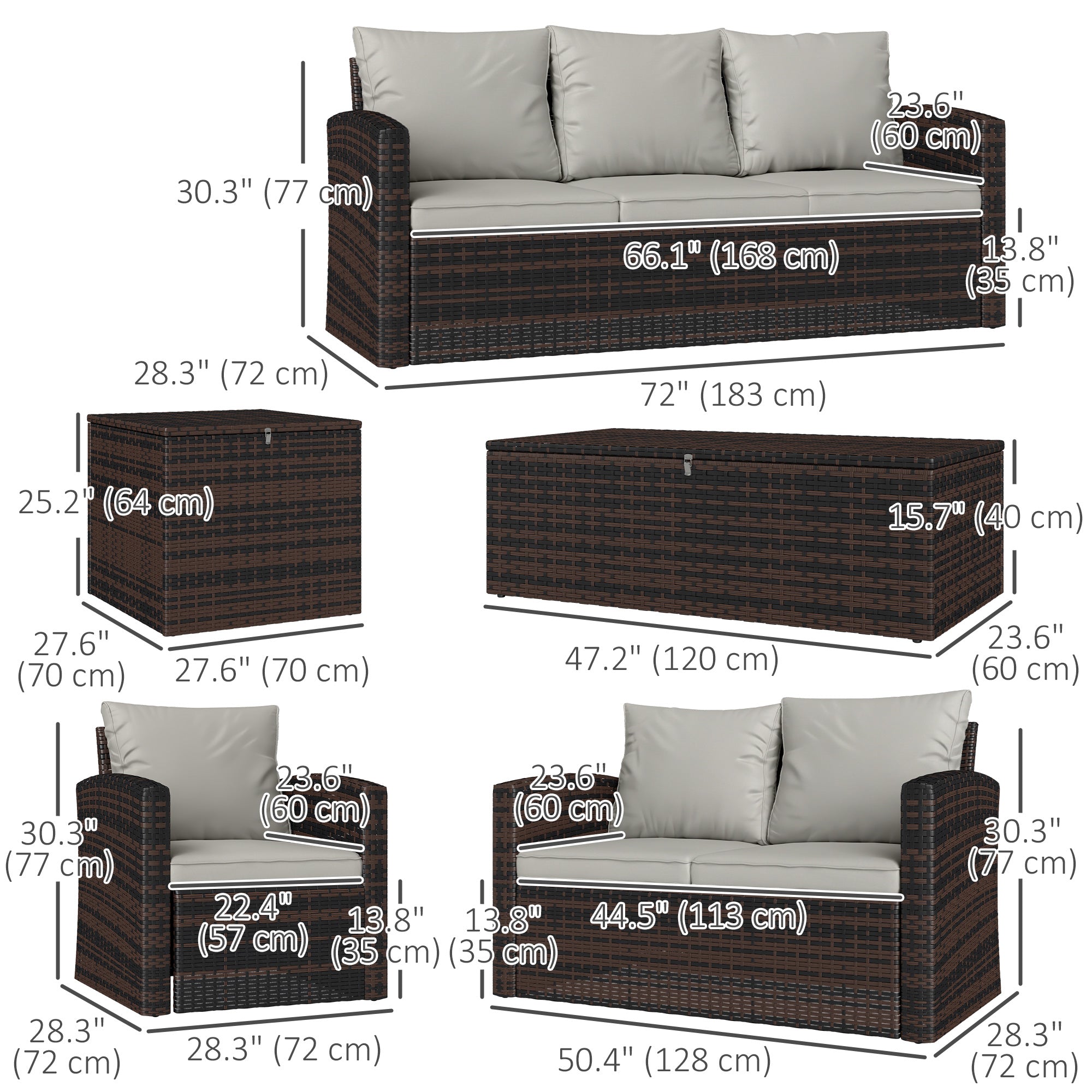 Outsunny 6 Piece Patio Furniture Set, Rattan Wicker Patio Sofa Set Sectional Outdoor Conversation Sofa Set Storage Table & Cushions, Cream White 