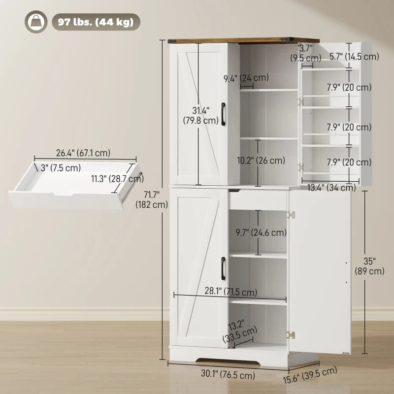 72" Kitchen Pantry Cabinet, Farmhouse Storage Cabinet with 4 Doors, Drawer, 8 Door Shelves and Adjustable Shelf, White