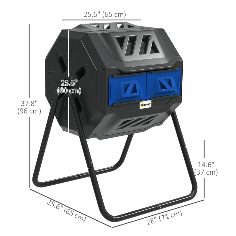 Tumbling Compost Bin Outdoor Dual Chamber 360° Rotating Composter 43 Gallon with Sliding Doors, Blue