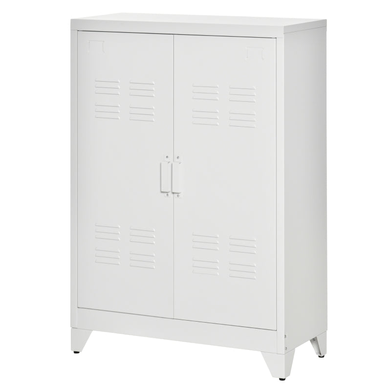 Metal Storage Cabinet, Industrial Sideboard Buffet Cabinet with 2 Louvered Doors, Adjustable Shelves, White