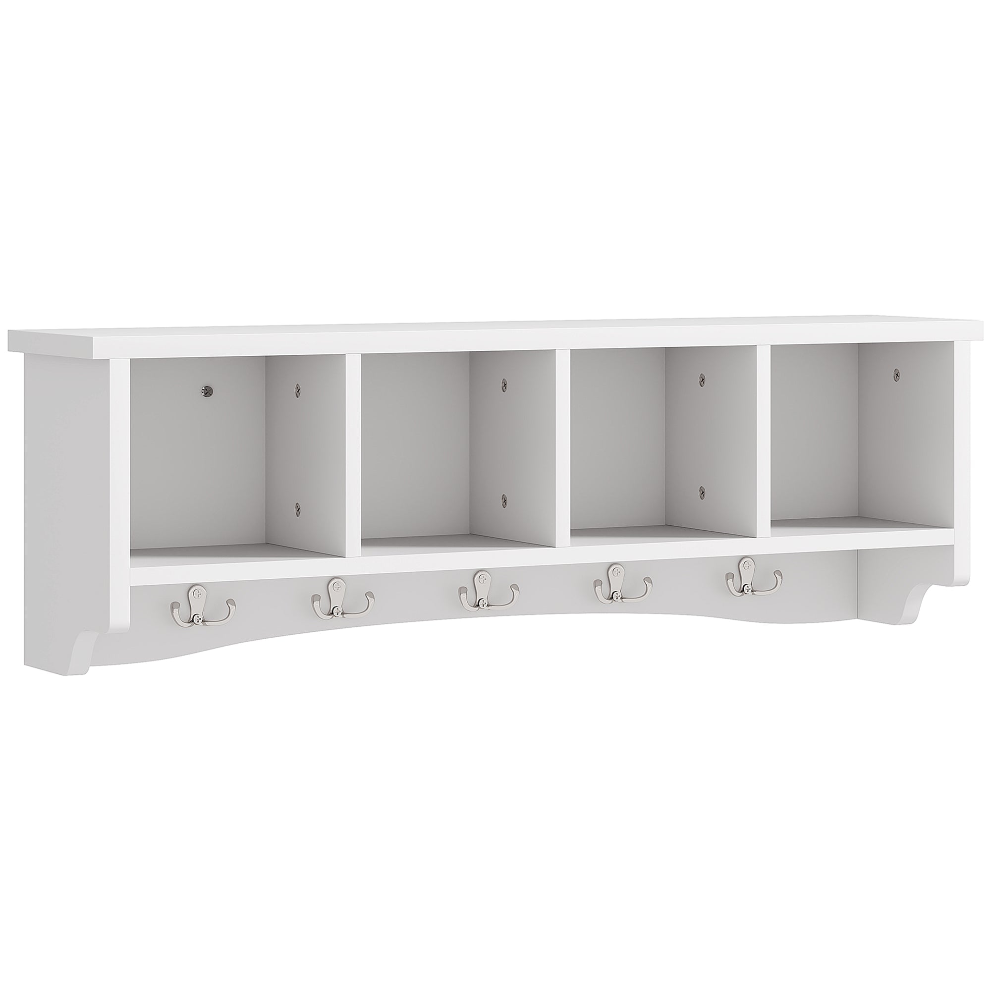 HOMCOM Coat Rack Wall Mount with Shelf, 28" Wall Coat Rack with 5 Hooks and 4 Compartments for Living Room, Entryway, White 
