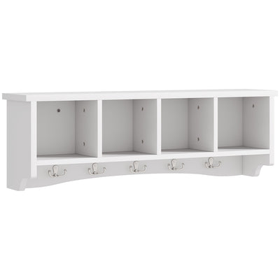 HOMCOM Coat Rack Wall Mount with Shelf, 28" Wall Coat Rack with 5 Hooks and 4 Compartments for Living Room, Entryway, White 