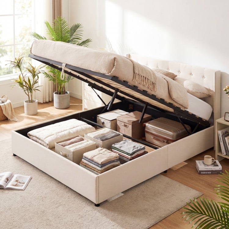 Queen Size Lift-up Storage Bed Modern Linen Upholstered Platform Bed-Beige