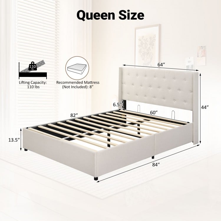 Queen Size Lift-up Storage Bed Modern Linen Upholstered Platform Bed-Beige