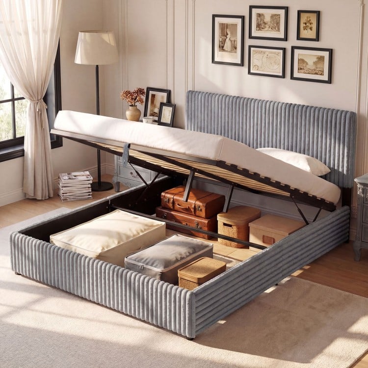 Queen Size Lift-up Storage Bed with Wooden Slat Support-Gray