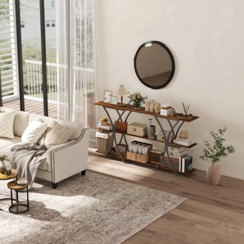 71" Console Table, 3-Tier Industrial Entryway Table with 2 Storage Shelves for Living Room, Hallway, Rustic Brown