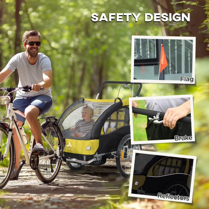 Aosom 2-in-1 Bike Trailer for Kids, Foldable 2-Seat Baby Stroller with 5-Point Harness, Rubber Wheels, Storage Bag, Yellow