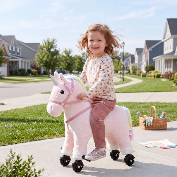 Pink Unicorn Ride-On Toy with Wheels, Sounds & Plush Design for Kids Ages 2–5