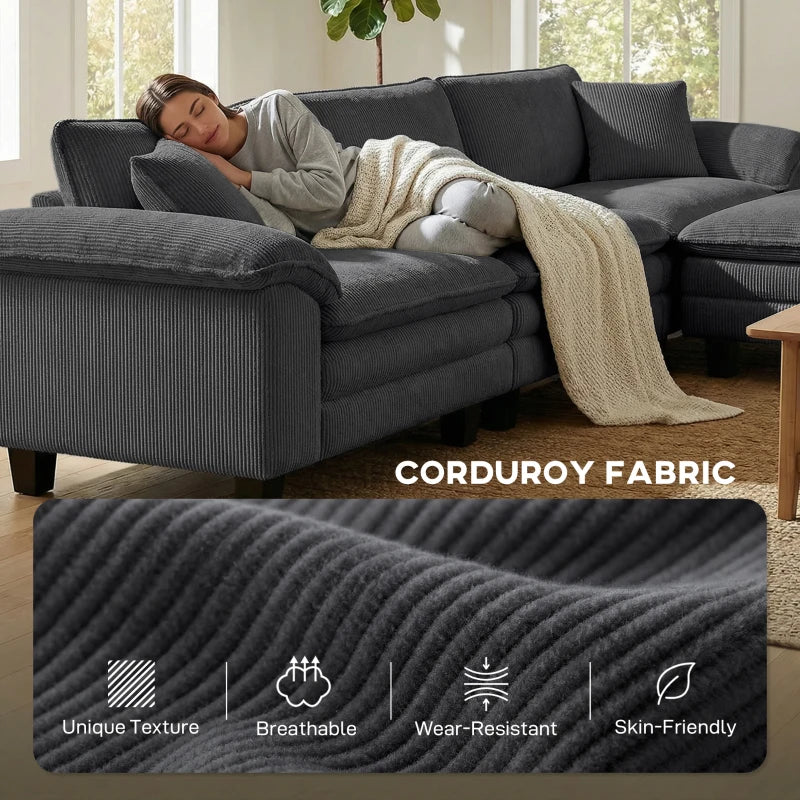 HOMCOM L-Shaped Sectional Sofa with Deep Seats, Movable Ottoman & Pillow-Top Armrests, Contemporary Corduroy Couch – Blue