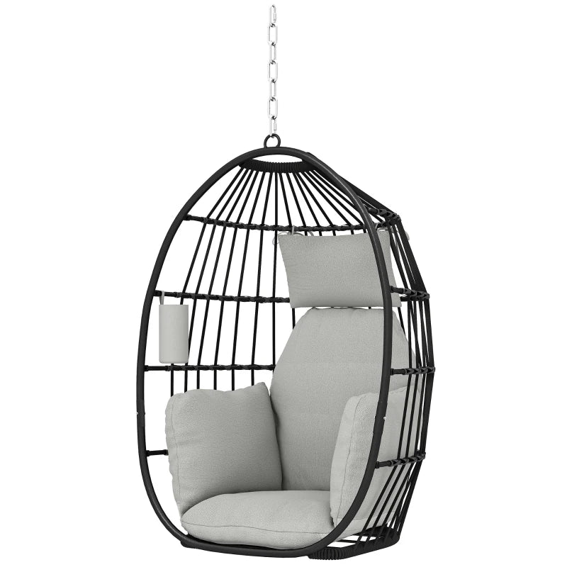 Hanging Egg Chair Without Stand, Foldable Basket Swing Chair with Head Pillow, Soft Cushion and Cup Holder, Dark Grey