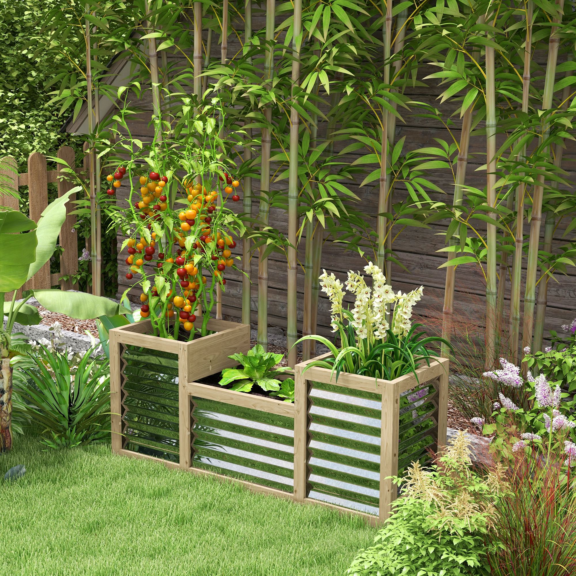 Outsunny Metal Wood Planter Raised Garden Bed: For Outdoor Flowers, Herbs & Vegetable Gardening 