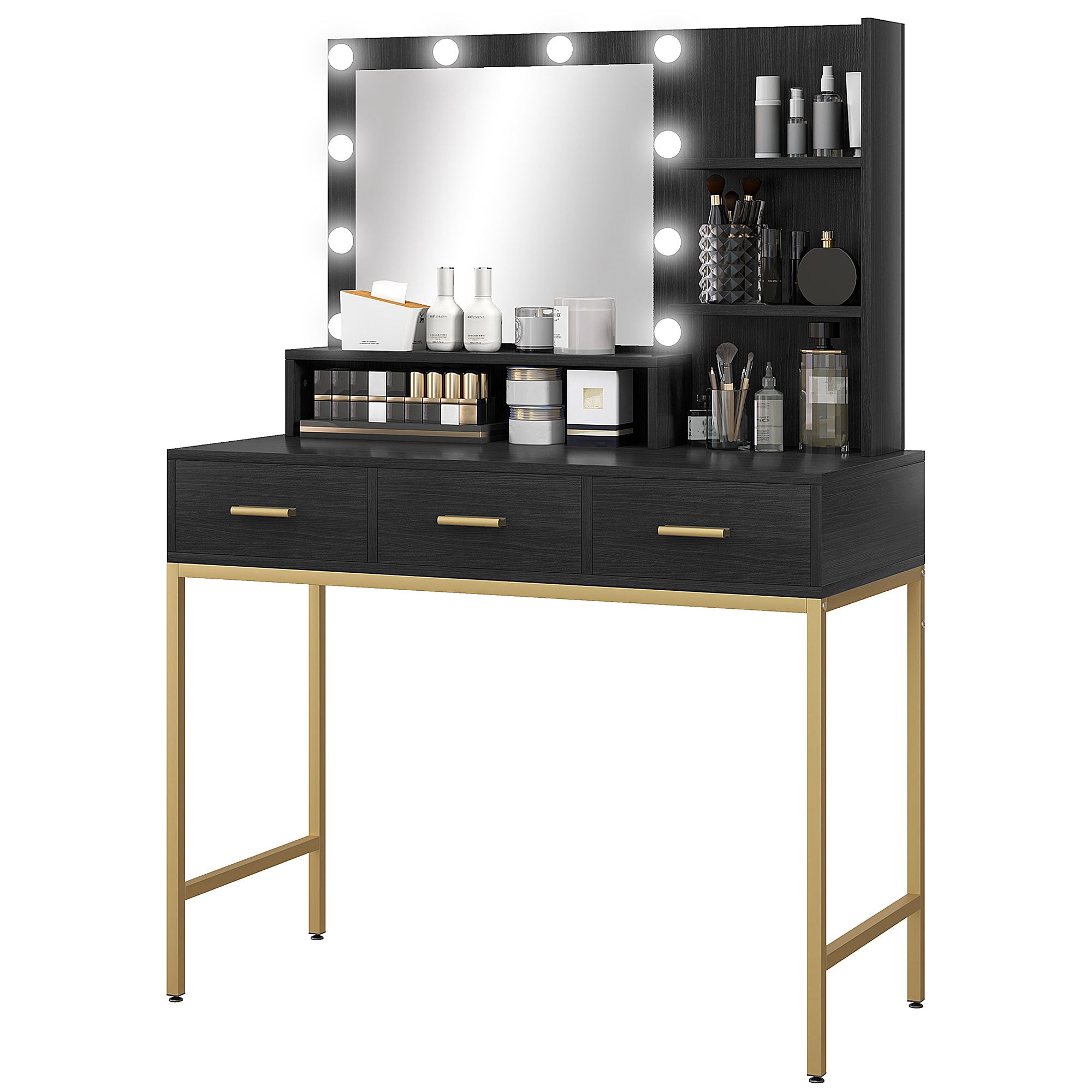 HOMCOM Illuminated Dressing Table, LED Vanity Table with Mirror, 3 Drawers and Storage Shelves for Bedroom, Black 
