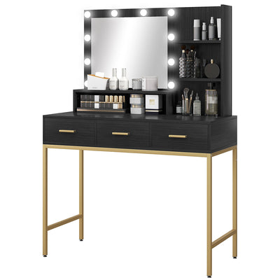 HOMCOM Illuminated Dressing Table, LED Vanity Table with Mirror, 3 Drawers and Storage Shelves for Bedroom, Black 