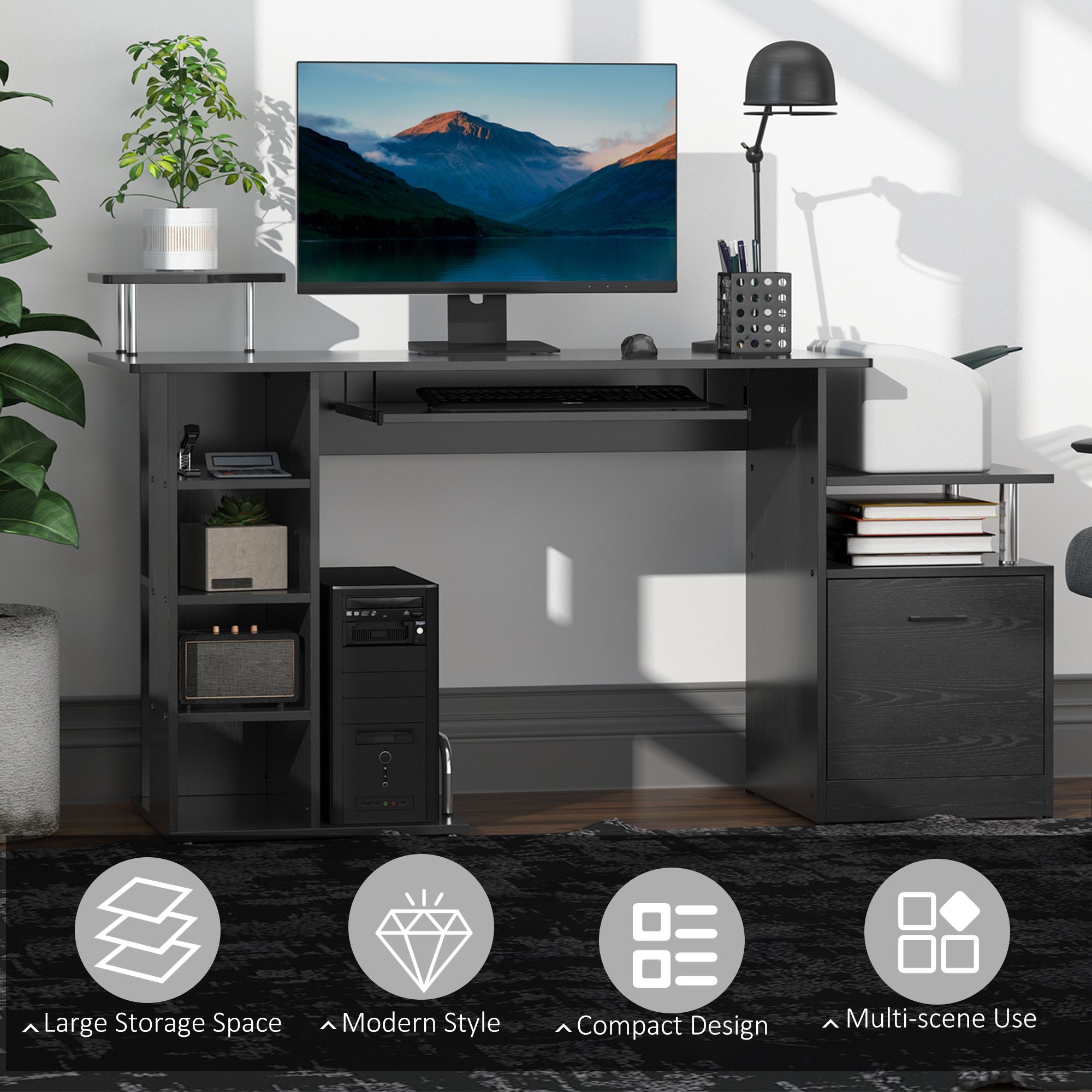 HOMCOM Wooden Computer Desk - Black Laptop Workstation with Storage Shelf and Drawer for Home Office 