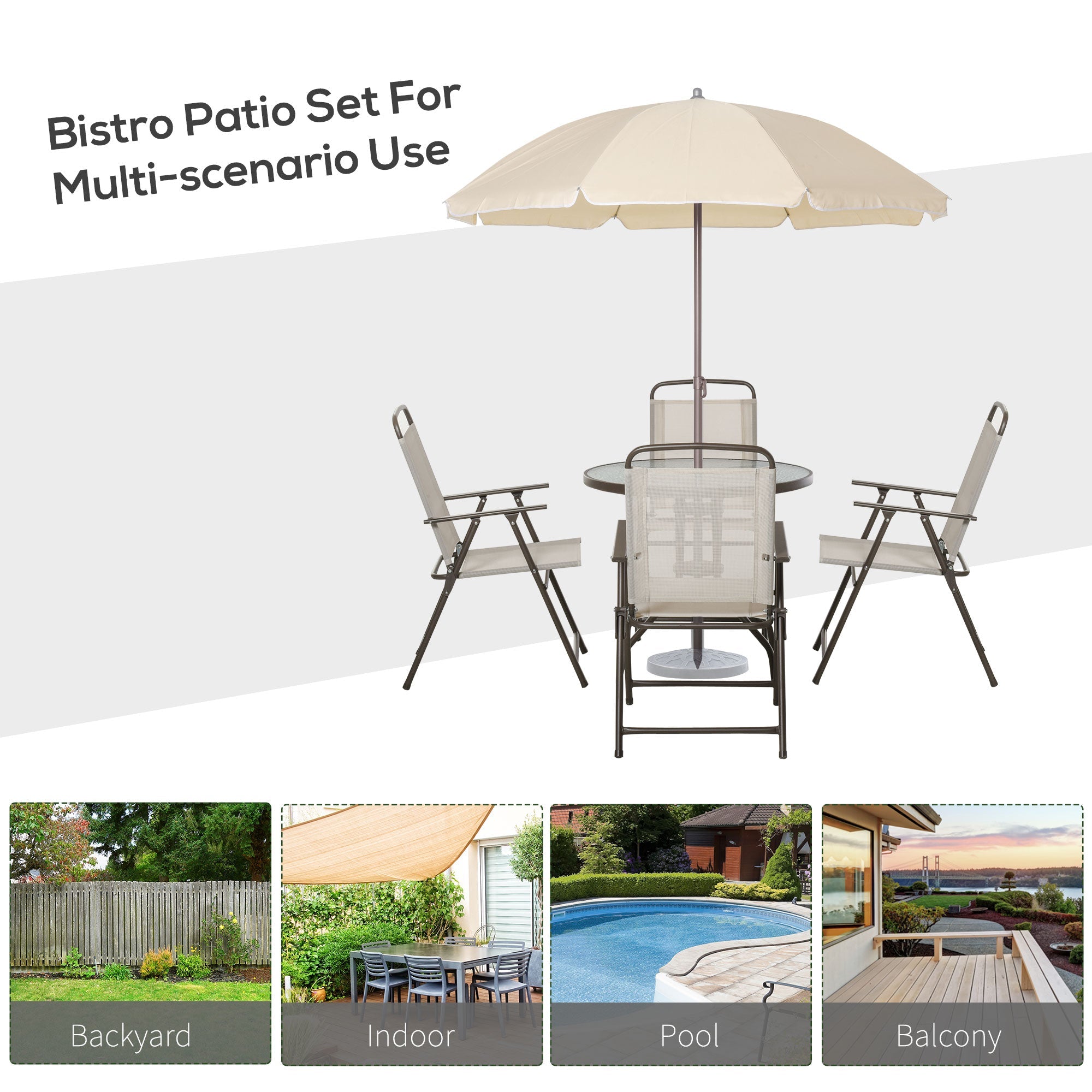Outsunny 6PC Patio Dining Set Outdoor Furniture with Umbrella Round Table 4 Folding Chairs Cream-white 
