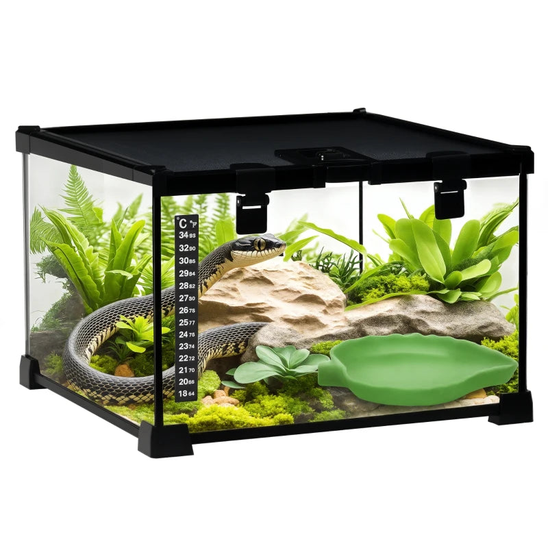 Glass Reptile Terrarium with Thermometer, Water Basin, Full View Visually for Lizards, Horned Frogs, Snakes, Spiders