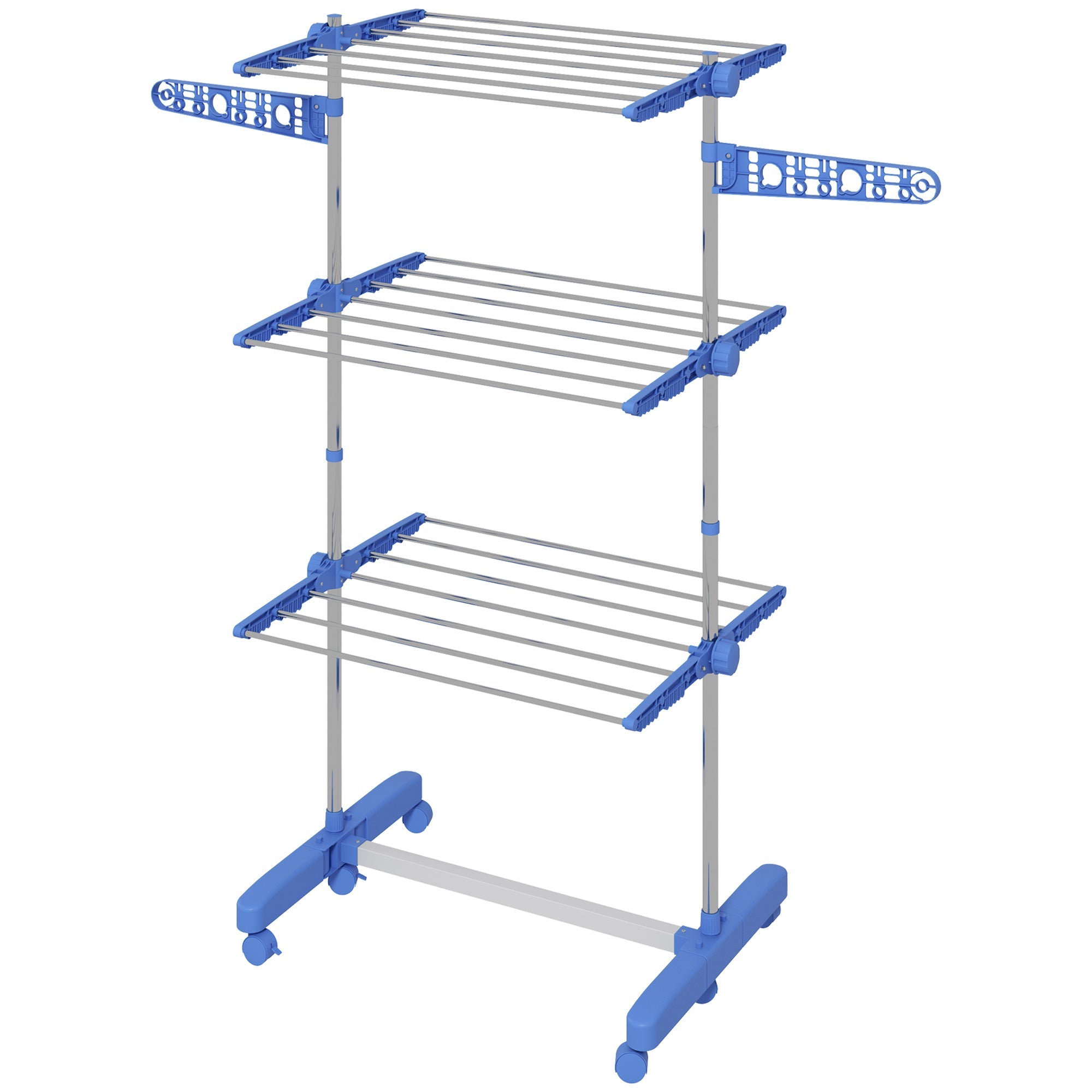 HOMCOM Clothes Drying Rack 3-Tier Stainless Steel Laundry Rack with Side Wings 6 Castors Blue 