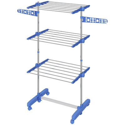 HOMCOM Clothes Drying Rack 3-Tier Stainless Steel Laundry Rack with Side Wings 6 Castors Blue 