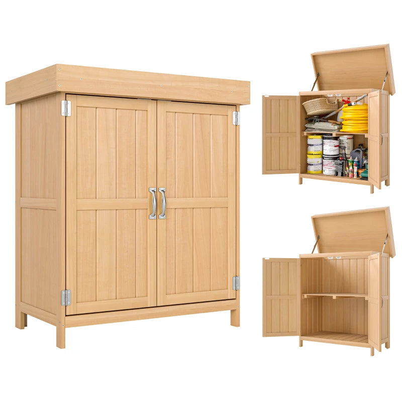 Wooden Garden Tool Storage Shed Kit with Hinged Roof, 2-Tier Shelves and Double Doors, 74x43x88cm, Natural Wood
