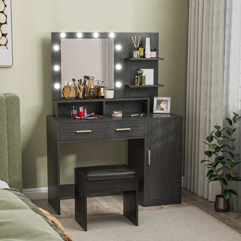 Illuminated Dressing Table Set, LED Vanity Table Set with Stool, LED Mirror, Drawer and Cabinet Shelves for Bedroom