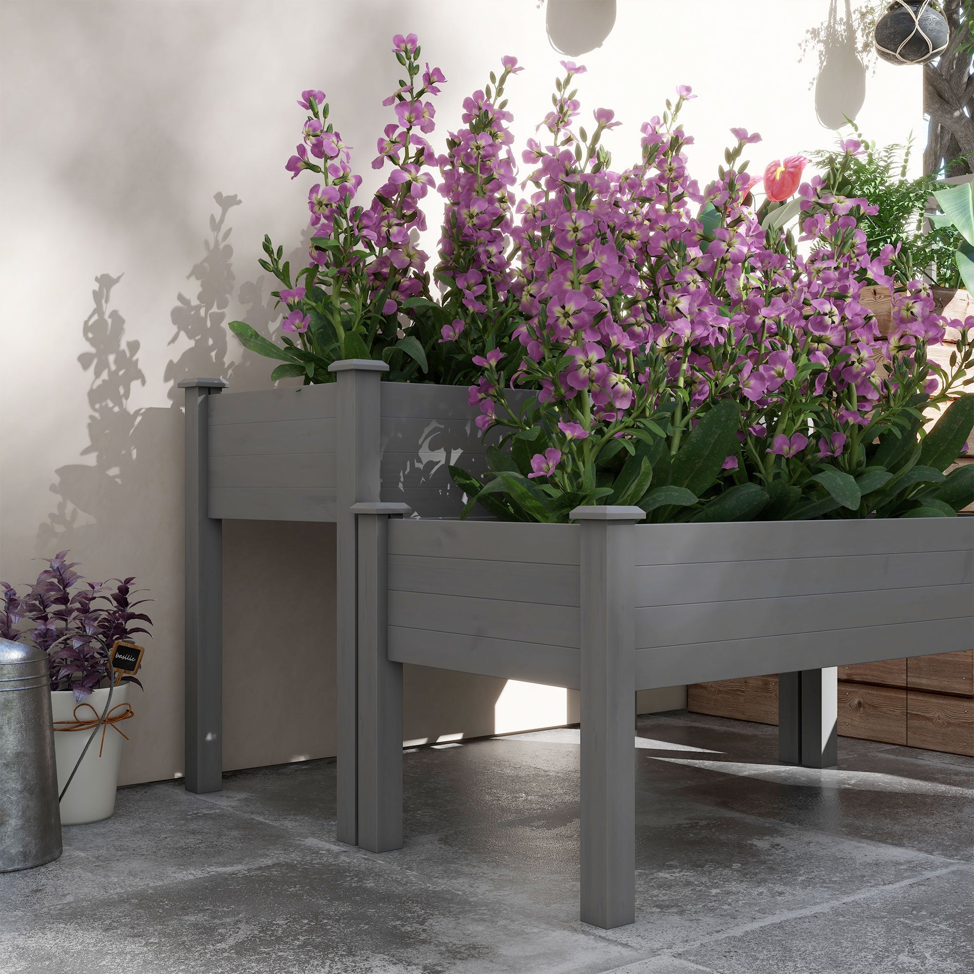 Outsunny Wood Plant Raised Bed 2 Tiers Flower Vegetable Herb Grow Box Stand Garden Grey 