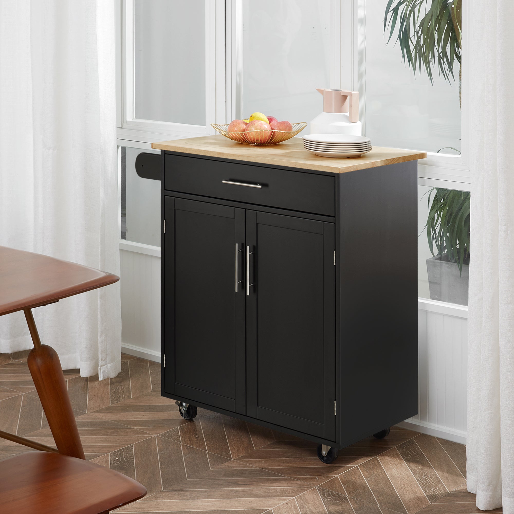 HOMCOM Mobile Culinary Companion: Rolling Kitchen Island Cart with Wood Top, Storage Drawer, Towel Bar, and Shelves 