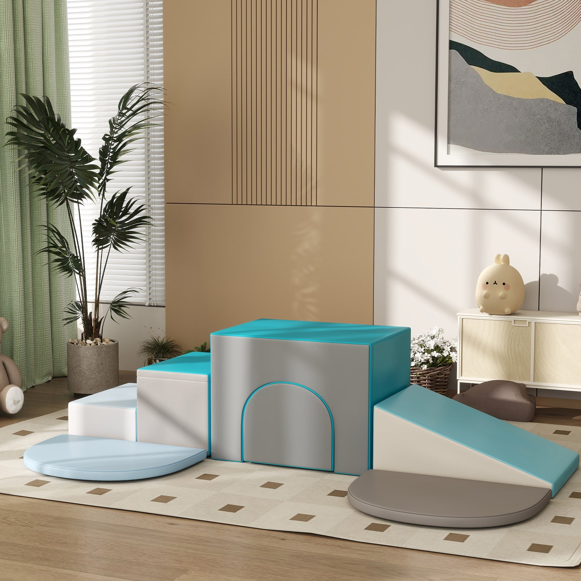 Qaba 7 Piece Indoor Soft Play for Toddlers Climb and Crawl - Blue and Grey 