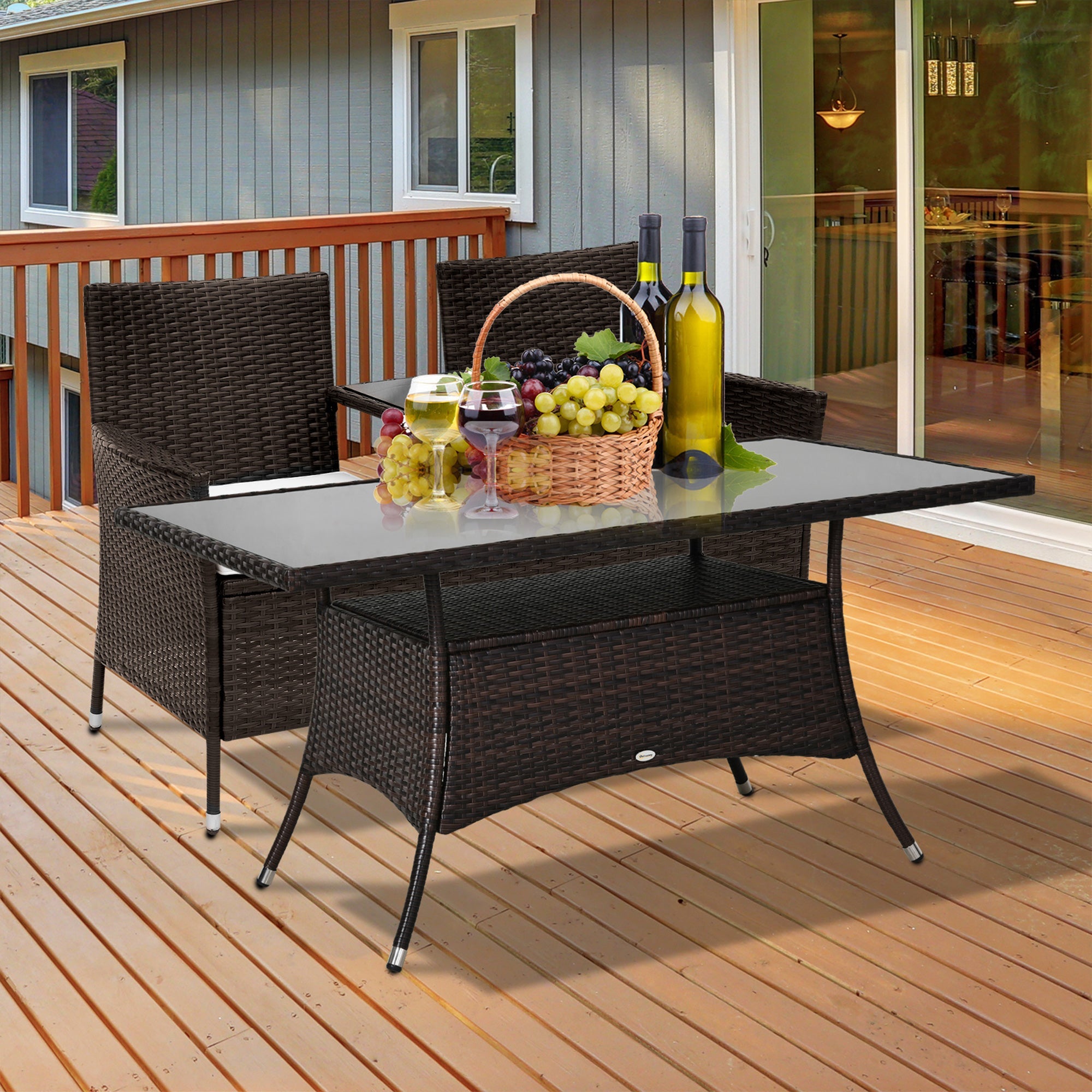 Outsunny Patio Rattan Dining Table with Glass Top Storage Shelf Yard Furniture 59"x34"x29" Brown 