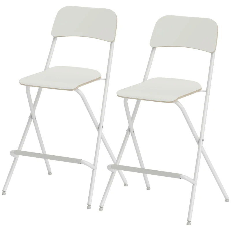 Folding Bar Stools Set of 2, Counter Height Foldable Stool with Wooden Effect Seat and Steel Frame for Kitchen, White
