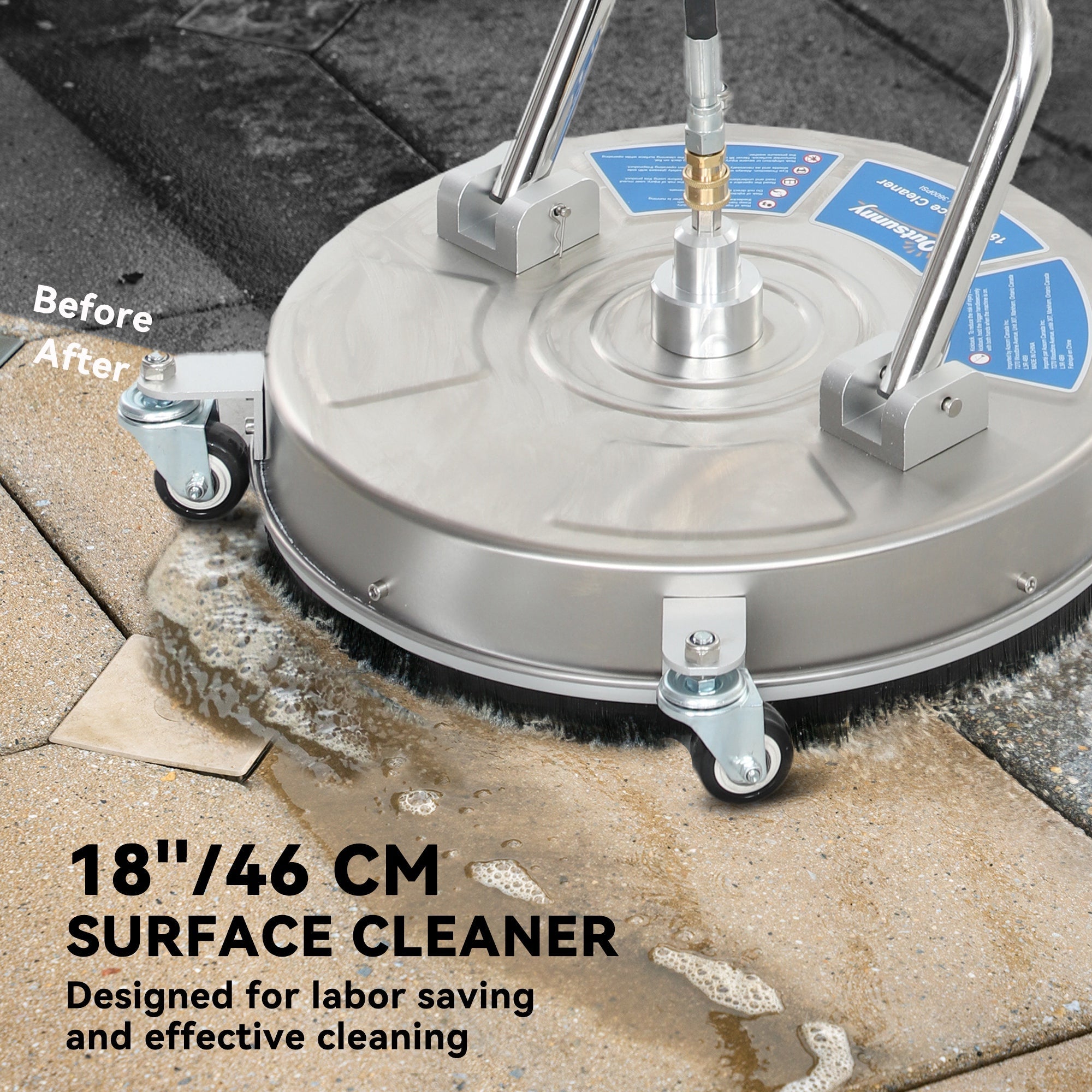Outsunny 18" Pressure Washer Surface Cleaner with 4 Wheels, Stainless Steel Power Washer Surface Cleaner with 1/4" Quick Connector, 2 Handles, 3600 PSI, Silver 